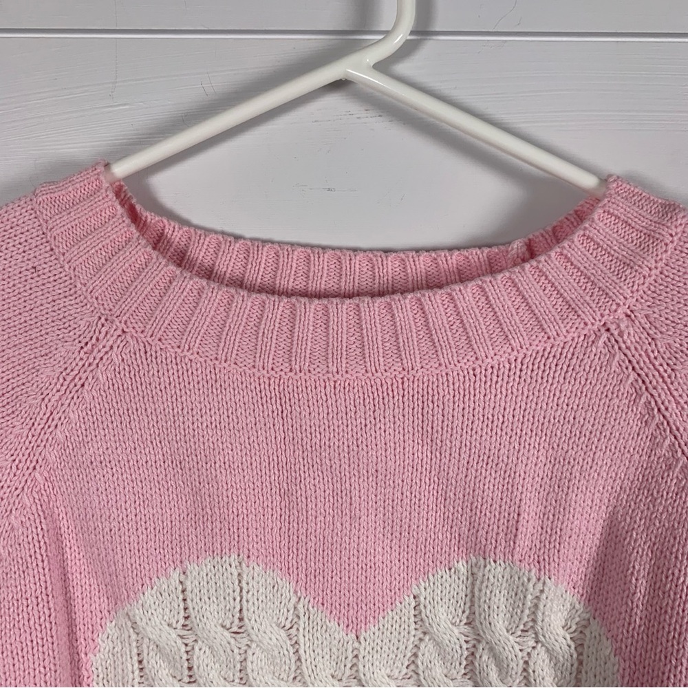 Pink Sweater White‎ Cable Knit Heart Women XS / S Soft Girl Y2K Coquette Pastel - Picture 5 of 10